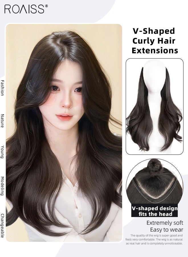 roaiss V-Shaped Brown Black Hair Extensions, Fluffy and Voluminous One Piece Curly Hair Extension with 5 Clips, Heat Resistant Synthetic Hairpiece for Women Girls, 55cm/21.65 inches - Image 1