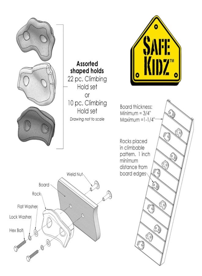 Safe Kidz 22 Assorted Deluxe Rock Climbing Holds for Kids - Outdoor Climbing Stones Kit with 44 Swing Safe Fasteners + Drill Bit Easy to Install on Lumber from 3/4" to 1.25" Thick - Image 2