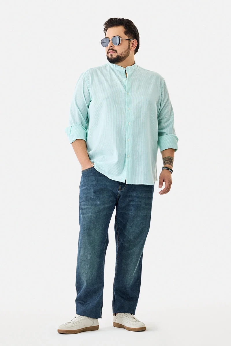 SNITCH Linen Blend Stripes Plus Size Mandarin Shirt