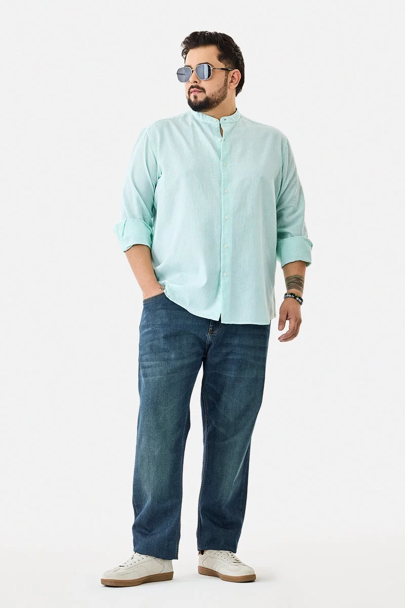 SNITCH Linen Blend Stripes Plus Size Mandarin Shirt