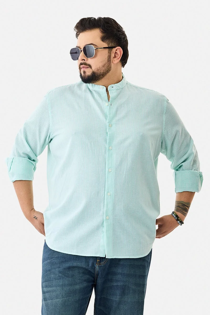 سنيتش قميص كتان مقلم مقاس كبير بياقة ماندرين