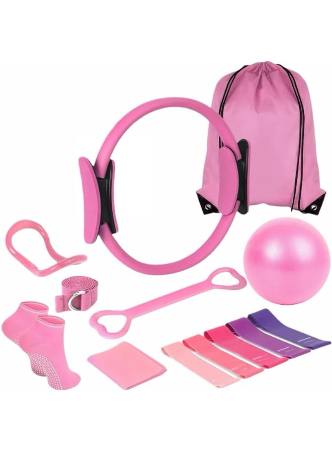 13 Pcs Pilates Essentials Kit for Women, Home Workout Equipment Set with Pilates Ring, Resistance Bands, Yoga Ball,Magic Circle, Accessories, with Storage Bag for Beginners(Pink)