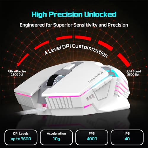 EvoFox Starter Series Spectre USB Wired Gaming Mouse with Upto 3600 DPI Gaming Sensor | 6 Buttons Design | Upto 7 Million Clicks | 7 Colours Rainbow Lighting | 1.5m Braided Cable (White) - Image 2