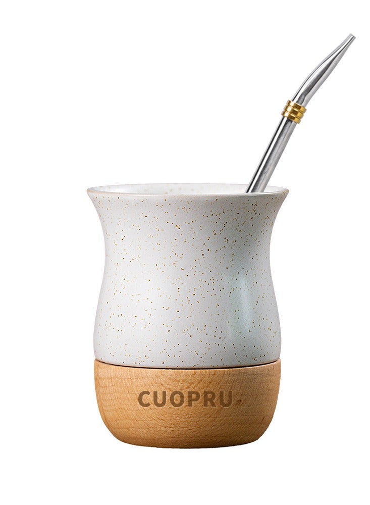 كوبرو كوب سيراميك على قاعدة خشبية مع فرشاة قش، كوب شاي ماتي، كوب قهوة - Image 1