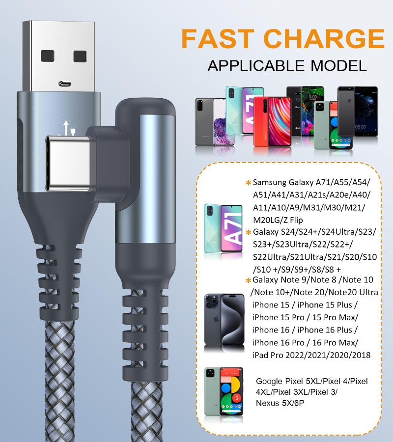 sweguard USB Type C Charger Cable Right Angle [2-Pack,10FT] iPhone 17 Charger Braided Cord for iPhone 17 16 15 Pro Max Plus Samsung Galaxy S26 S25 S24 S23 S22 S21 Note 20 A55 A15 Flip Pixel LG Moto - Image 4