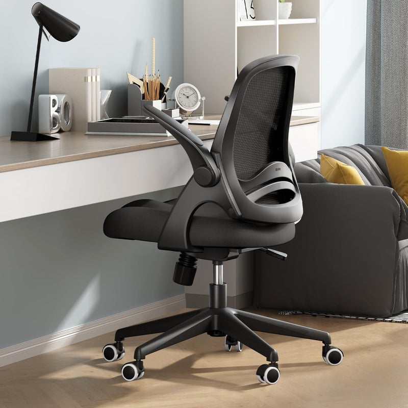 Hbada Office Desk Chair with FlipUp Armrests and Saddle Cushion Ergonomic Office Chair with SShaped Backrest Swivel Mesh White
