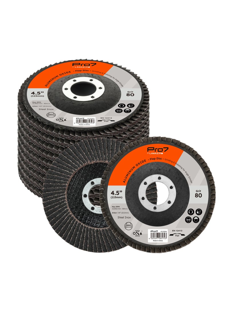 LAWAZIM Pro7 10 Pack Flap Disc Aluminum Oxide - 4.5 x 7/8-Inch 80 Grit - 115mm x 22.2 mm Type 27 Angle Grinder Attachment Grinding and Sanding Disc - Ideal for Steel, Surface Preparation and Finishing - Image 1