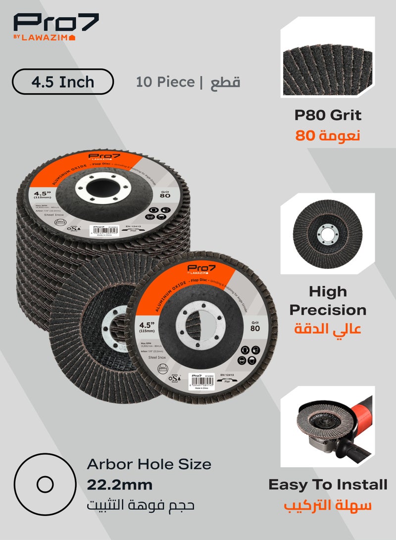 LAWAZIM Pro7 10 Pack Flap Disc Aluminum Oxide - 4.5 x 7/8-Inch 80 Grit - 115mm x 22.2 mm Type 27 Angle Grinder Attachment Grinding and Sanding Disc - Ideal for Steel, Surface Preparation and Finishing - Image 2