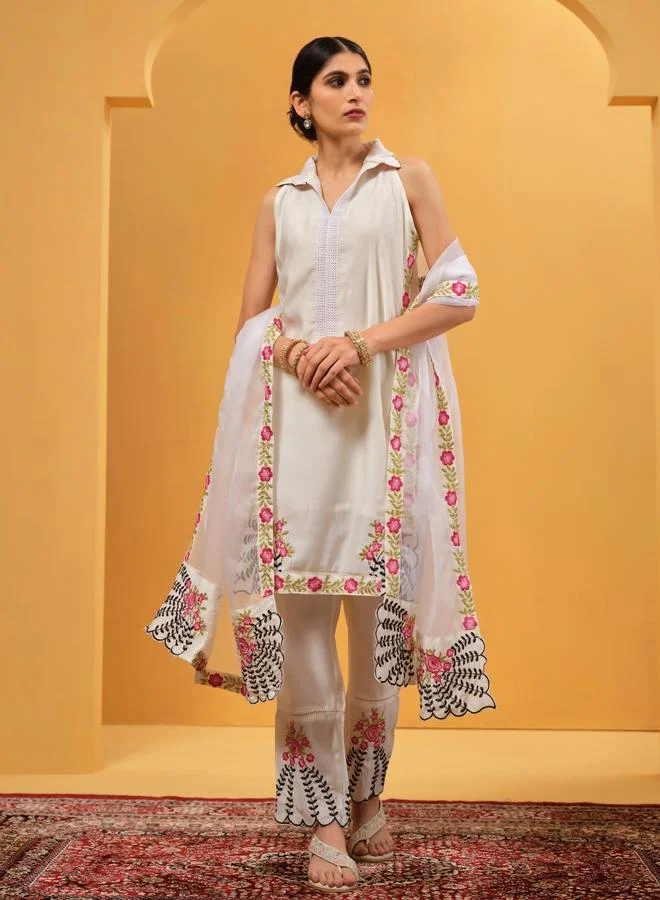 ISHIN Women's White Cotton Embroidered Tunic Upperwear Knee Length Palazzo Bottomwear Straight Fit 3 Peice Kurta Set