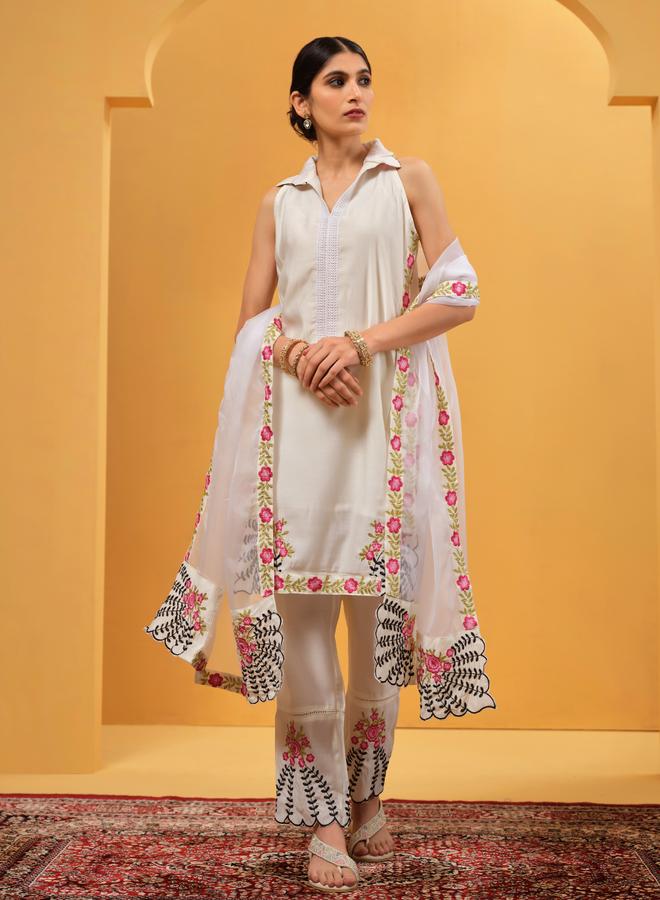 ISHIN Women's White Cotton Embroidered Tunic Upperwear Knee Length Palazzo Bottomwear Straight Fit 3 Peice Kurta Set - Image 1