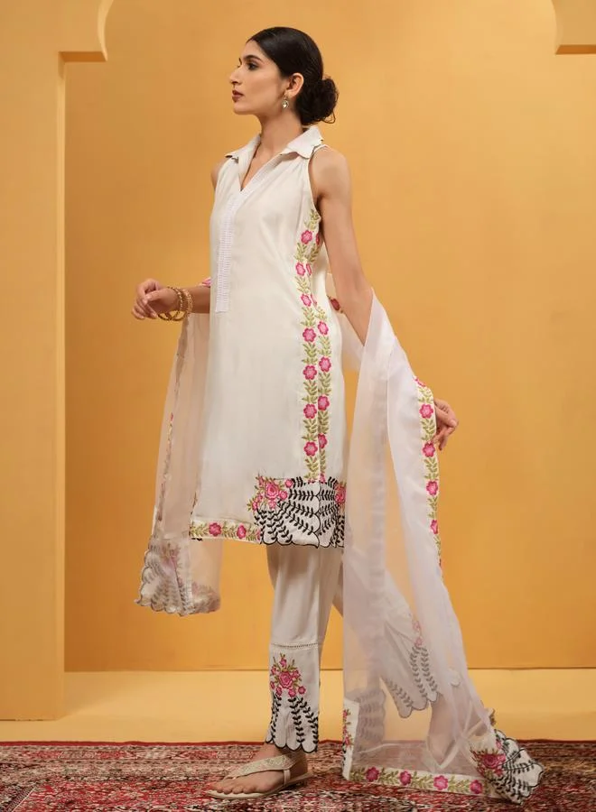 ISHIN Women's White Cotton Embroidered Tunic Upperwear Knee Length Palazzo Bottomwear Straight Fit 3 Peice Kurta Set