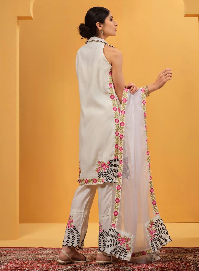 ISHIN Women's White Cotton Embroidered Tunic Upperwear Knee Length Palazzo Bottomwear Straight Fit 3 Peice Kurta Set - Image 2