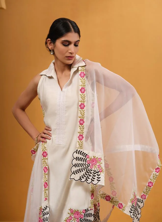 ISHIN Women's White Cotton Embroidered Tunic Upperwear Knee Length Palazzo Bottomwear Straight Fit 3 Peice Kurta Set
