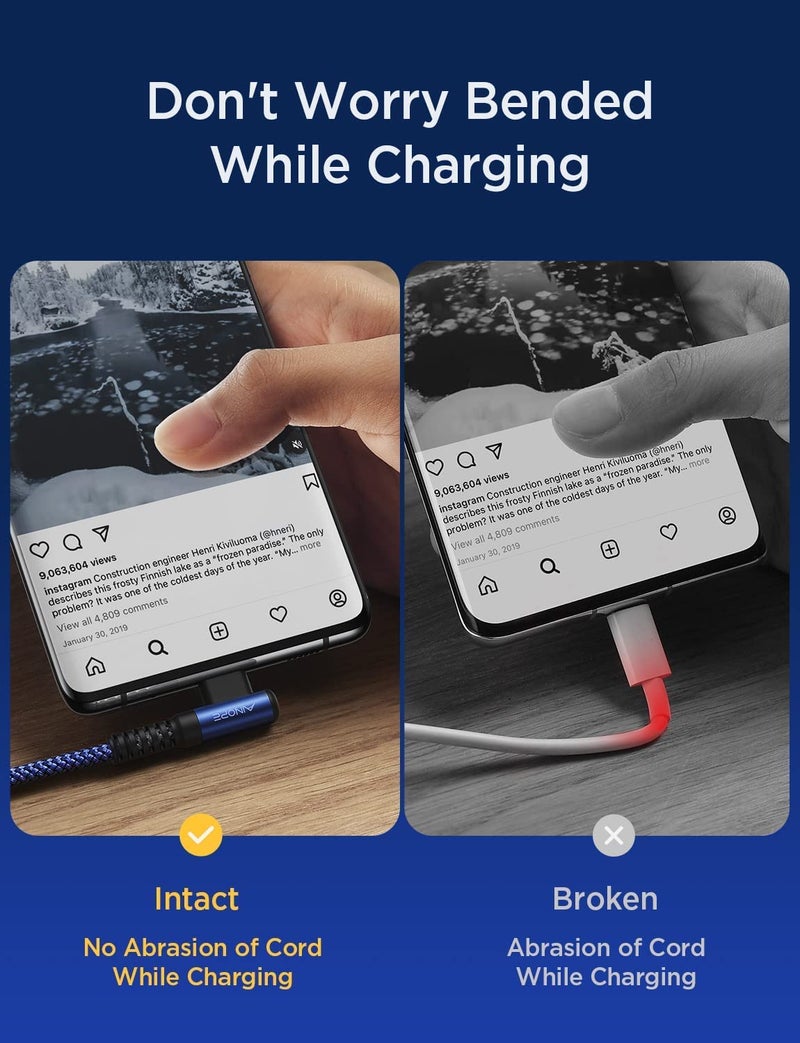 AINOPE USB C Cable 60W 2-Pack 3.3ft Nylon Braided USB C to USB C Cable Type C Charger Fast Charging Right Angle USBC Cable Charger Cord for iPhone 16 Pro Max 15 Plus Samsung S24 S23 iPad Pro Blue - Image 5