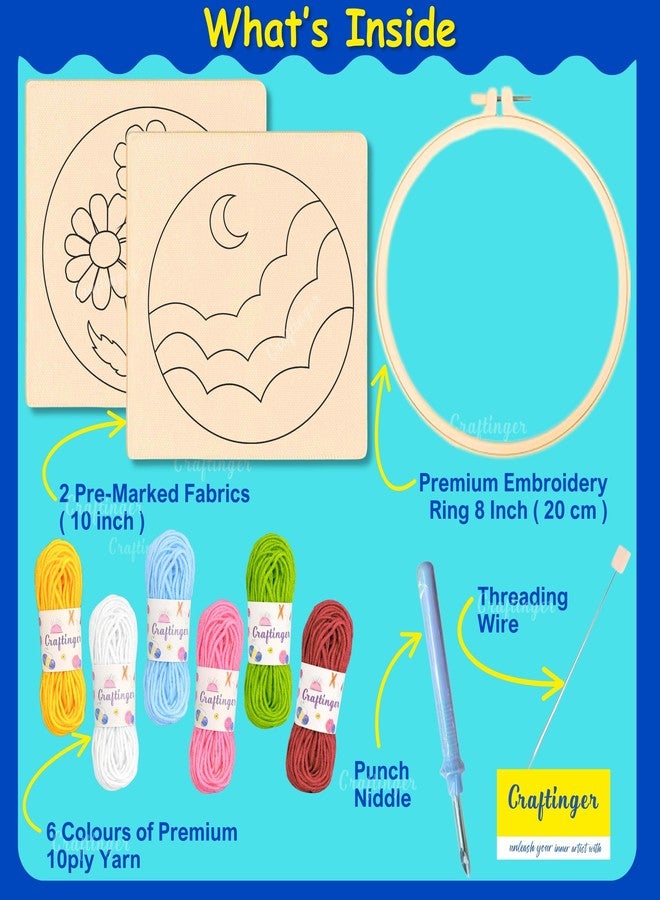 Craftinger Punch Needle Embroidery Kit for Beginners | DIY Landscap and Flower Punch Needle Art Set with 8 Inch Hoop, Pre-Marked Fabric (20x20cm), 6 Colour 10-Ply Yarn, Punch Needle & Threader | Craft Kit for Kids & Adults - Image 2