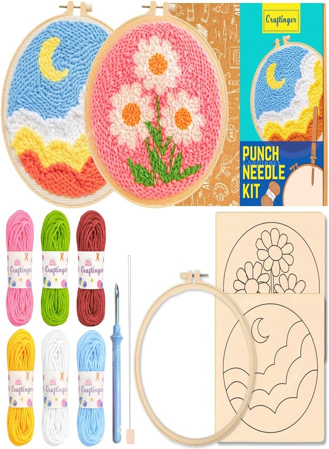 Craftinger Punch Needle Embroidery Kit for Beginners | DIY Landscap and Flower Punch Needle Art Set with 8 Inch Hoop, Pre-Marked Fabric (20x20cm), 6 Colour 10-Ply Yarn, Punch Needle & Threader | Craft Kit for Kids & Adults - Image 1