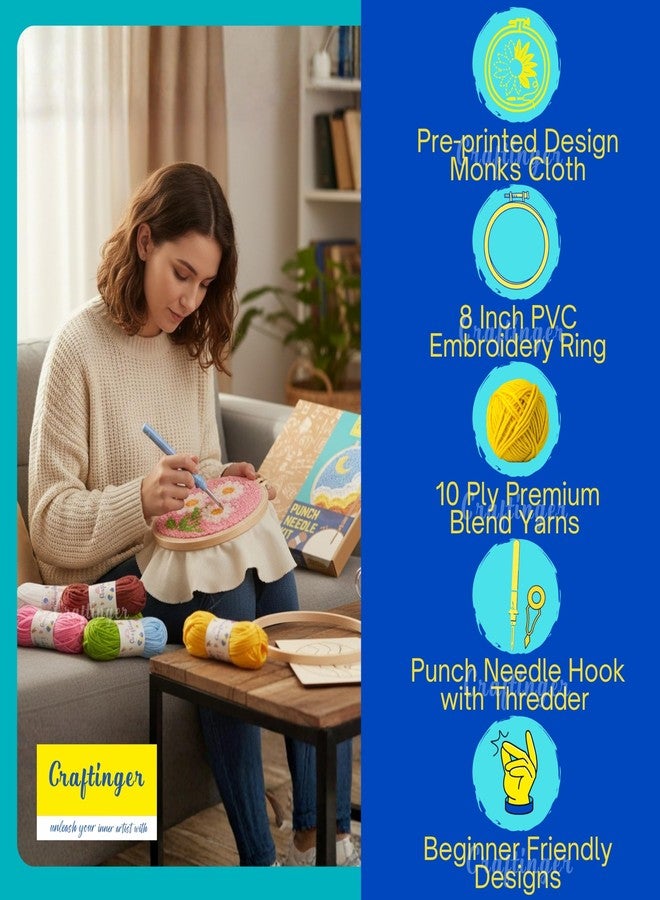 Craftinger Punch Needle Embroidery Kit for Beginners | DIY Landscap and Flower Punch Needle Art Set with 8 Inch Hoop, Pre-Marked Fabric (20x20cm), 6 Colour 10-Ply Yarn, Punch Needle & Threader | Craft Kit for Kids & Adults - Image 3