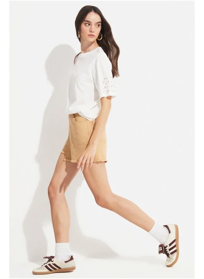 جون June Women Double Breasted Closed Denim Mini Short Skirt Tan