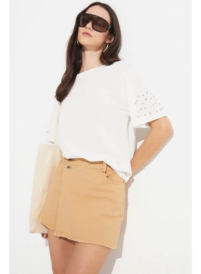 JUNE June Women Double Breasted Closed Denim Mini Short Skirt Tan