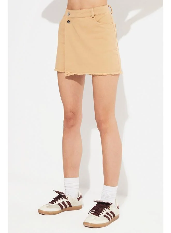 JUNE June Women Double Breasted Closed Denim Mini Short Skirt Tan