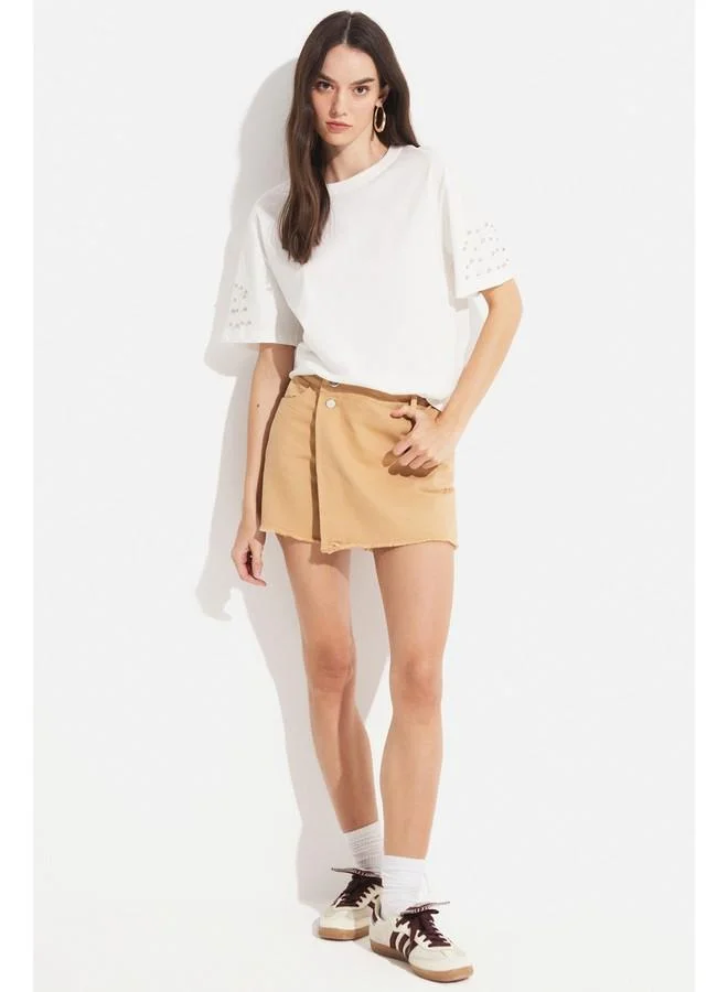JUNE June Women Double Breasted Closed Denim Mini Short Skirt Tan