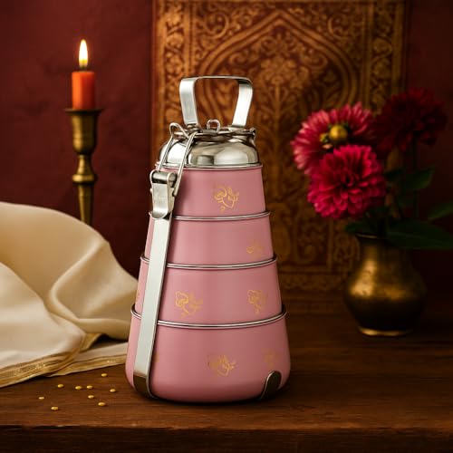 Elan Stainless Steel Tiffin Box, 4 Compartment Lunch Box for Office| Easy to Carry | Traditional Indian Lunch Box for Men (Mauve, 1470 ml) - Image 2