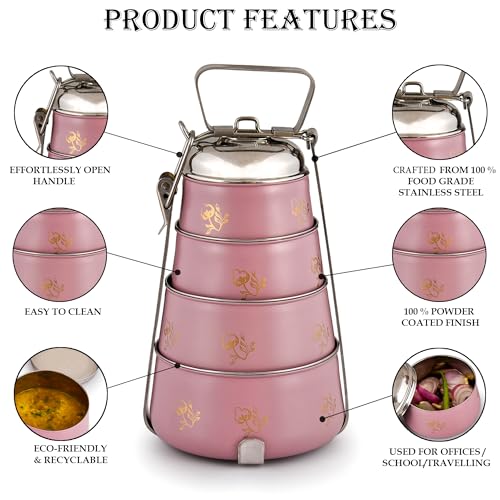 Elan Stainless Steel Tiffin Box, 4 Compartment Lunch Box for Office| Easy to Carry | Traditional Indian Lunch Box for Men (Mauve, 1470 ml) - Image 4