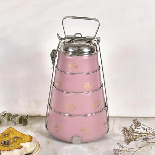 Elan Stainless Steel Tiffin Box, 4 Compartment Lunch Box for Office| Easy to Carry | Traditional Indian Lunch Box for Men (Mauve, 1470 ml) - Image 1