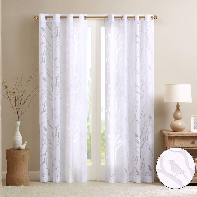 Madison Park Semi Sheer Single Curtain Modern Contemporary Botanical Print Out Design Grommet Top, Window Drape for Living Room, Bedroom and Dorm, 50x84, Bird White - Image 1