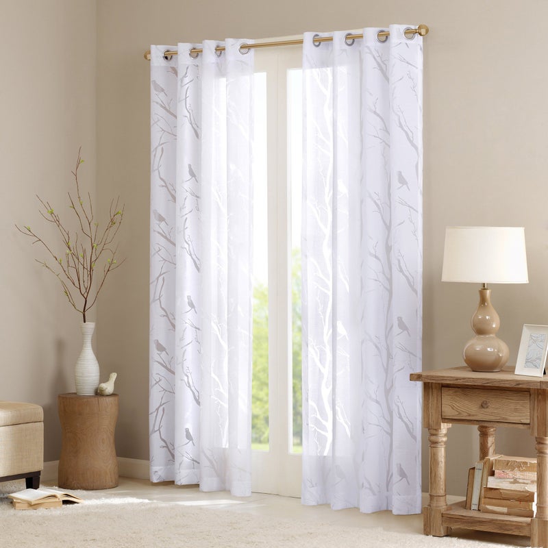 Madison Park Semi Sheer Single Curtain Modern Contemporary Botanical Print Out Design Grommet Top, Window Drape for Living Room, Bedroom and Dorm, 50x84, Bird White - Image 2