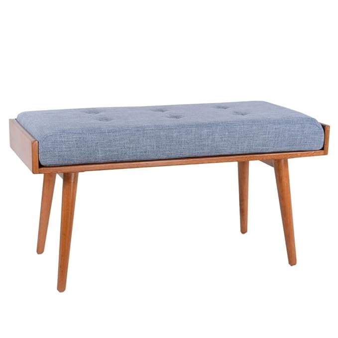 Jdav MidCentury Modern Upholstered Bench Grey Linen Fabric Wooden Legs Living Room Ottoman - Image 3