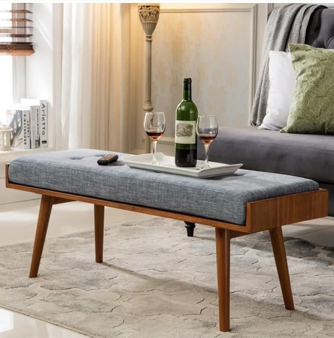 Jdav MidCentury Modern Upholstered Bench Grey Linen Fabric Wooden Legs Living Room Ottoman - Image 1