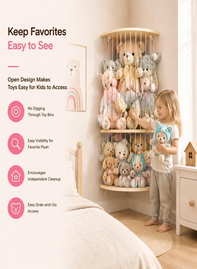 VOMELON Stuffed Animal Storage Hammock, Wood Stuffed Toy Holder, Playroom Nursery Toy Storage Organizer, Decorative Wall Hanging Caddy Corner Stuffed Animal Net, Soft Toy Net for Kids Room Décor - Image 2