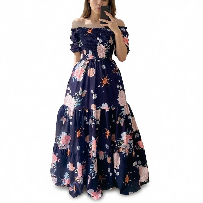 One Shoulder High Waist Flared Maxi Dress with Ruffle Hem - Image 1