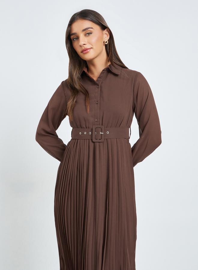 Styli Brown Pleated Maxi Dress with Belt - Image 2
