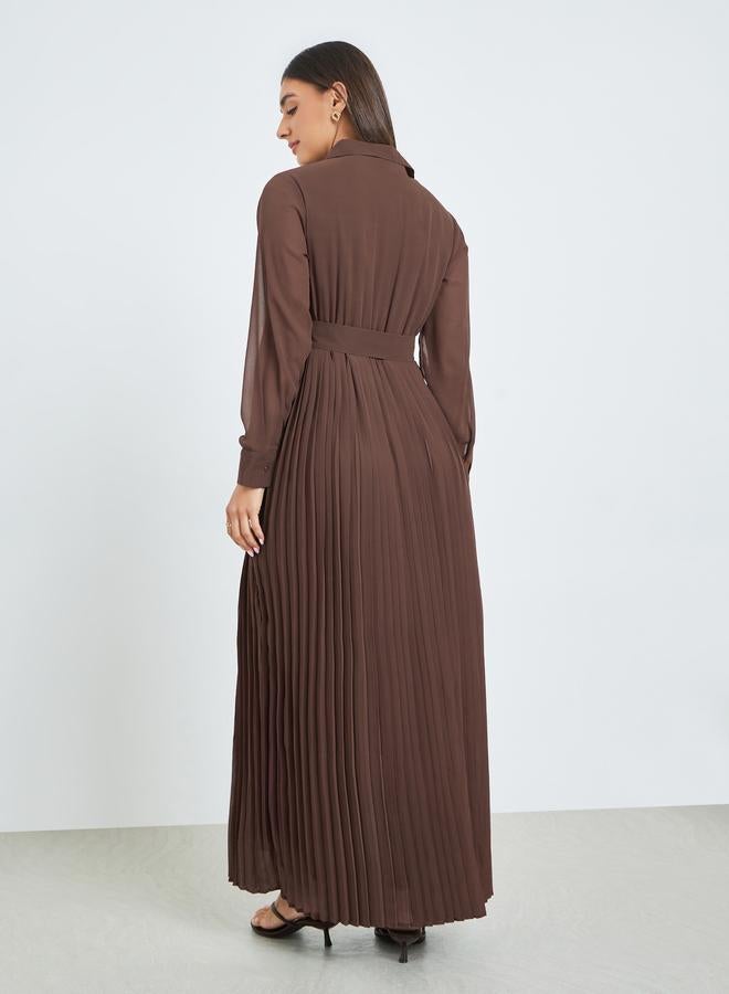 Styli Brown Pleated Maxi Dress with Belt - Image 3