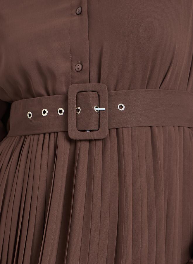 Styli Brown Pleated Maxi Dress with Belt - Image 4