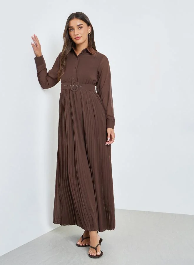 Brown Pleated Maxi Dress with Belt