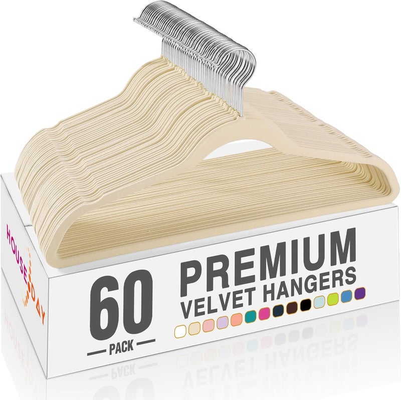 HOUSE DAY Beige Velvet Hangers 60 Pack - Premium Non-Slip Felt Clothes Hangers, Sturdy Heavy Duty Coat Hangers, Durable Suit Hangers for Space Saving, No Marks 360 Rotating - Image 1