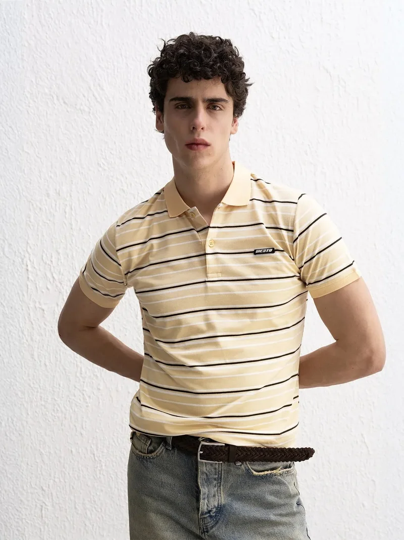 GIESTO Striped Polo Collar Button T-Shirt
