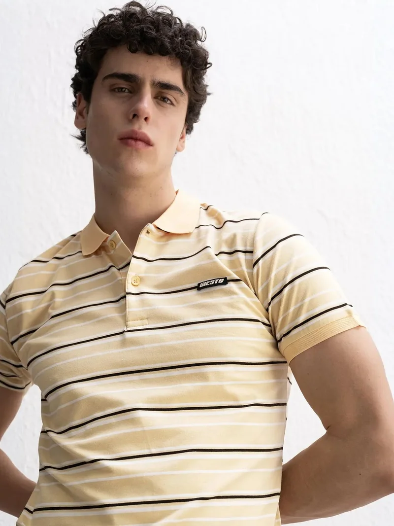 Giesto Amber Yellow GIESTO Striped Polo Collar Button T-Shirt for Men | Best Price UAE
