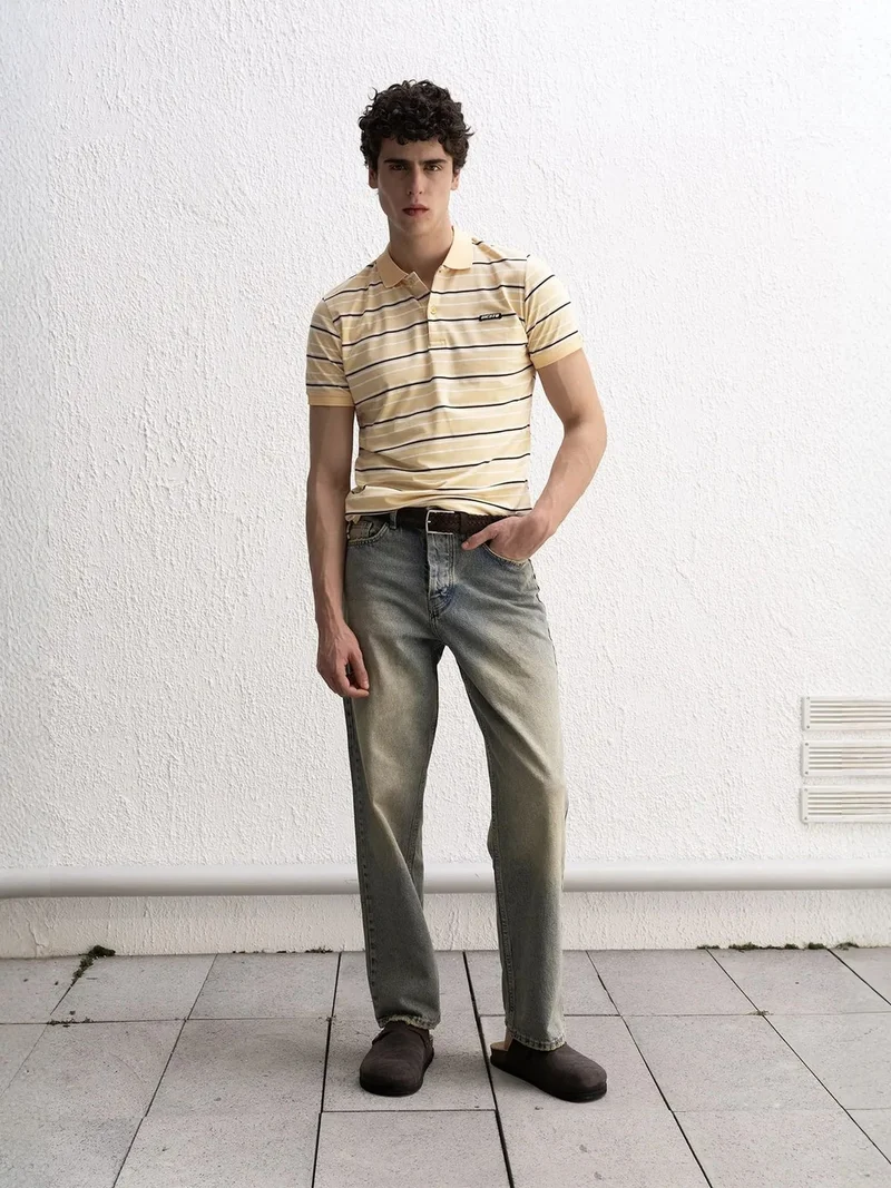 Giesto Amber Yellow GIESTO Striped Polo Collar Button T-Shirt for Men | Best Price UAE