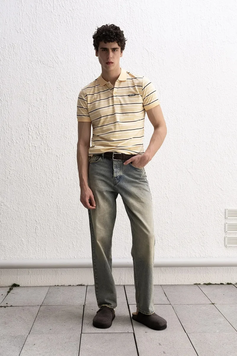 Giesto Amber Yellow GIESTO Striped Polo Collar Button T-Shirt for Men | Best Price UAE