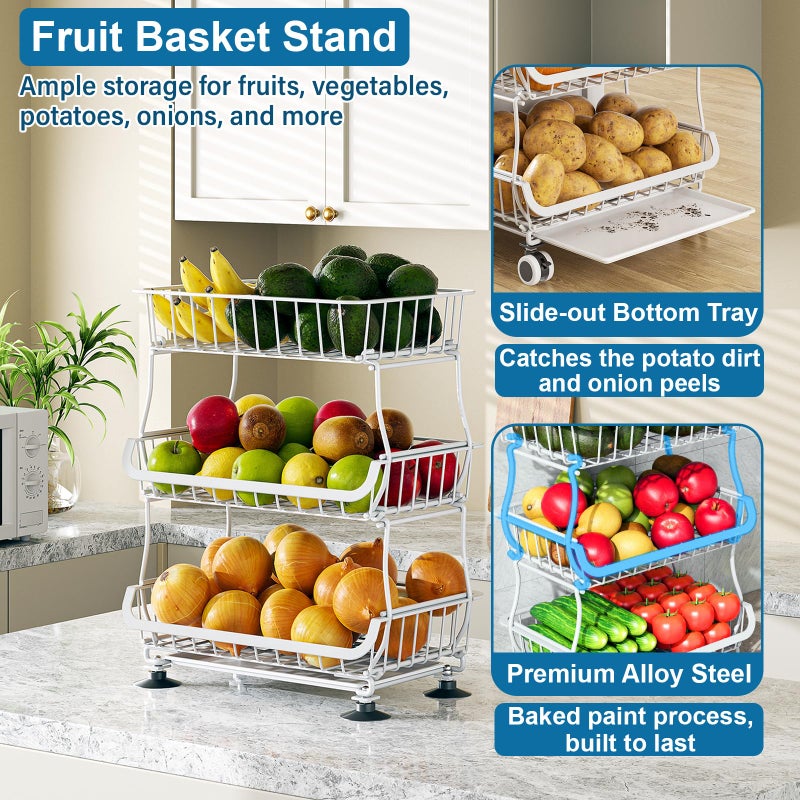 OKZEST 3-Tier Rolling Pantry Floor Organizer and Storage Cart with Wheels, Stackable Wire Pantry Baskets for Pantry Shelves, Kitchen Storage Rack and Fruit Basket Stand for Fruit Snack Onion Potato - Image 4