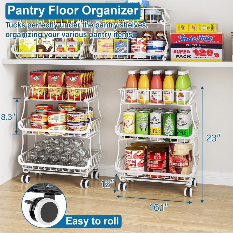 OKZEST 3-Tier Rolling Pantry Floor Organizer and Storage Cart with Wheels, Stackable Wire Pantry Baskets for Pantry Shelves, Kitchen Storage Rack and Fruit Basket Stand for Fruit Snack Onion Potato - Image 2