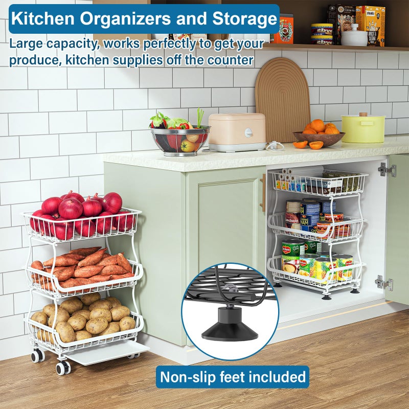 OKZEST 3-Tier Rolling Pantry Floor Organizer and Storage Cart with Wheels, Stackable Wire Pantry Baskets for Pantry Shelves, Kitchen Storage Rack and Fruit Basket Stand for Fruit Snack Onion Potato - Image 5