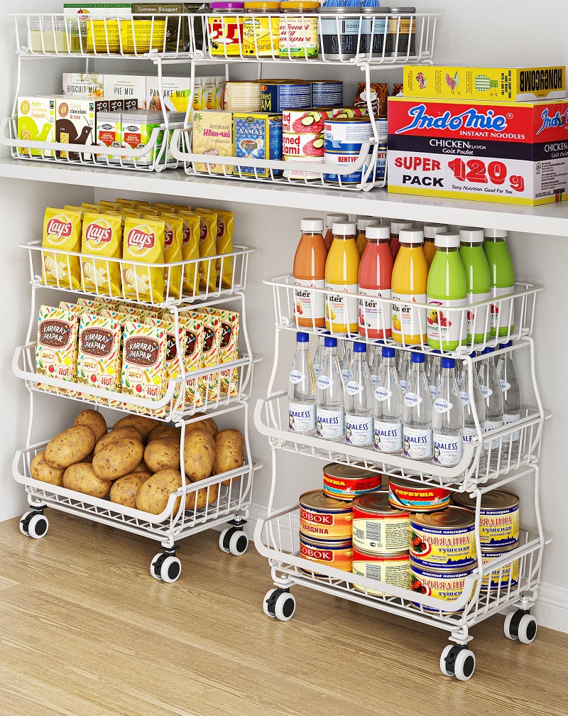OKZEST 3-Tier Rolling Pantry Floor Organizer and Storage Cart with Wheels, Stackable Wire Pantry Baskets for Pantry Shelves, Kitchen Storage Rack and Fruit Basket Stand for Fruit Snack Onion Potato - Image 1