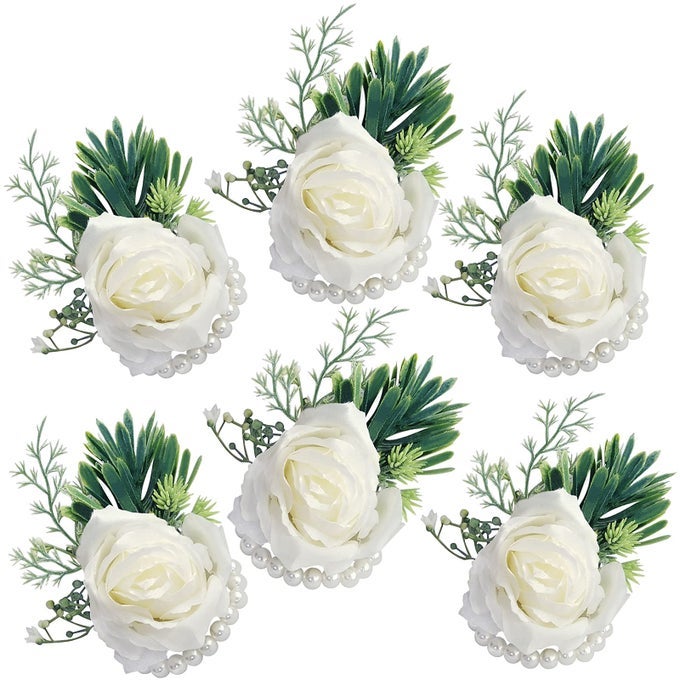 Artificial Flowers White Rose Wrist Flowers and Mens Corsage Wedding Flowers Ceremony 6pcs White Wrist Corsages
