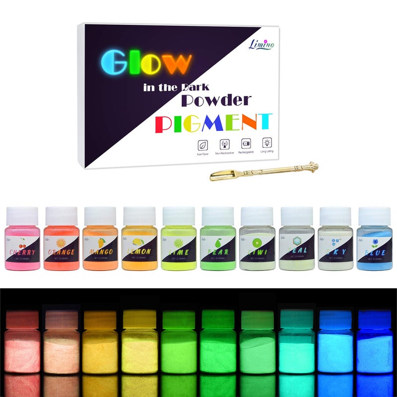 Glow in The Dark Pigment Powder  10 Colour x 20g Epoxy Resin Colour Pigment Dyes for DIY Colouring Kit  Luminous Skin Safe Self Glowing for Acrylic Paint Nail Art Painting Crafts  200g