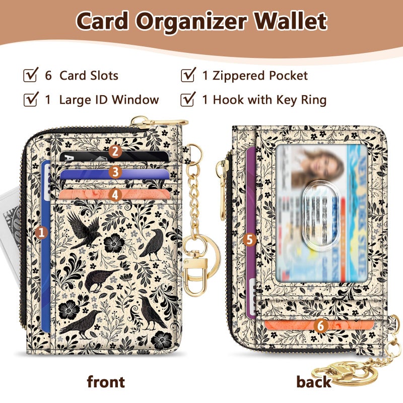 GIANCOMICS Slim Wallet Credit Card Holder Women, Goth Crow Rfid Blocking Small Card Case, Keychain Thin Pocket Curved Zipper Wallet, Travel Card Holder PU Leather ID Window, Ladies Female Gifts - Image 4